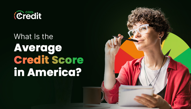 Marketing banner asking 'What Is the Average Credit Score in America?' with a colorful gradient emphasis and a person in glasses writing in a notebook beside a color wheel background.