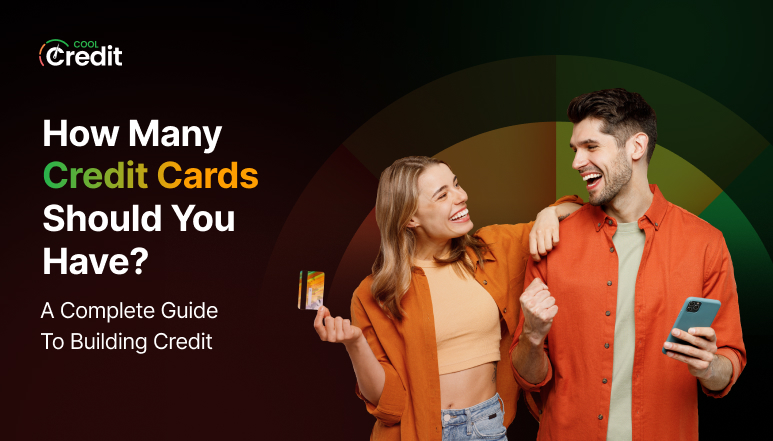 Two smiling adults hover near a bold title about how many credit cards to have, one holding a card and the other a smartphone; hero image for building credit