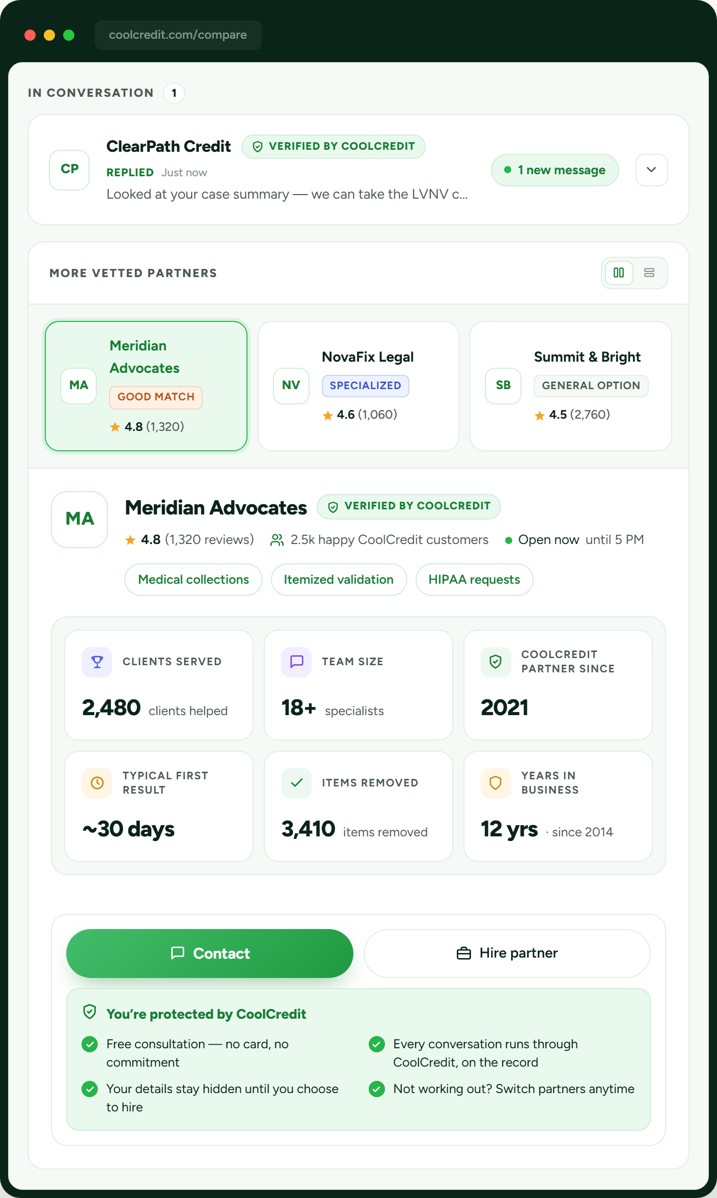 Screenshot of a CoolCredit partner comparison dashboard showing three partner cards (Meridian Advocates, NovaFix Legal, Summit & Bright) with ratings and badges, plus a green 'Verified by CoolCredit' marker at top and a 'More Vettted Partners' section with additional company cards on a rounded UI.