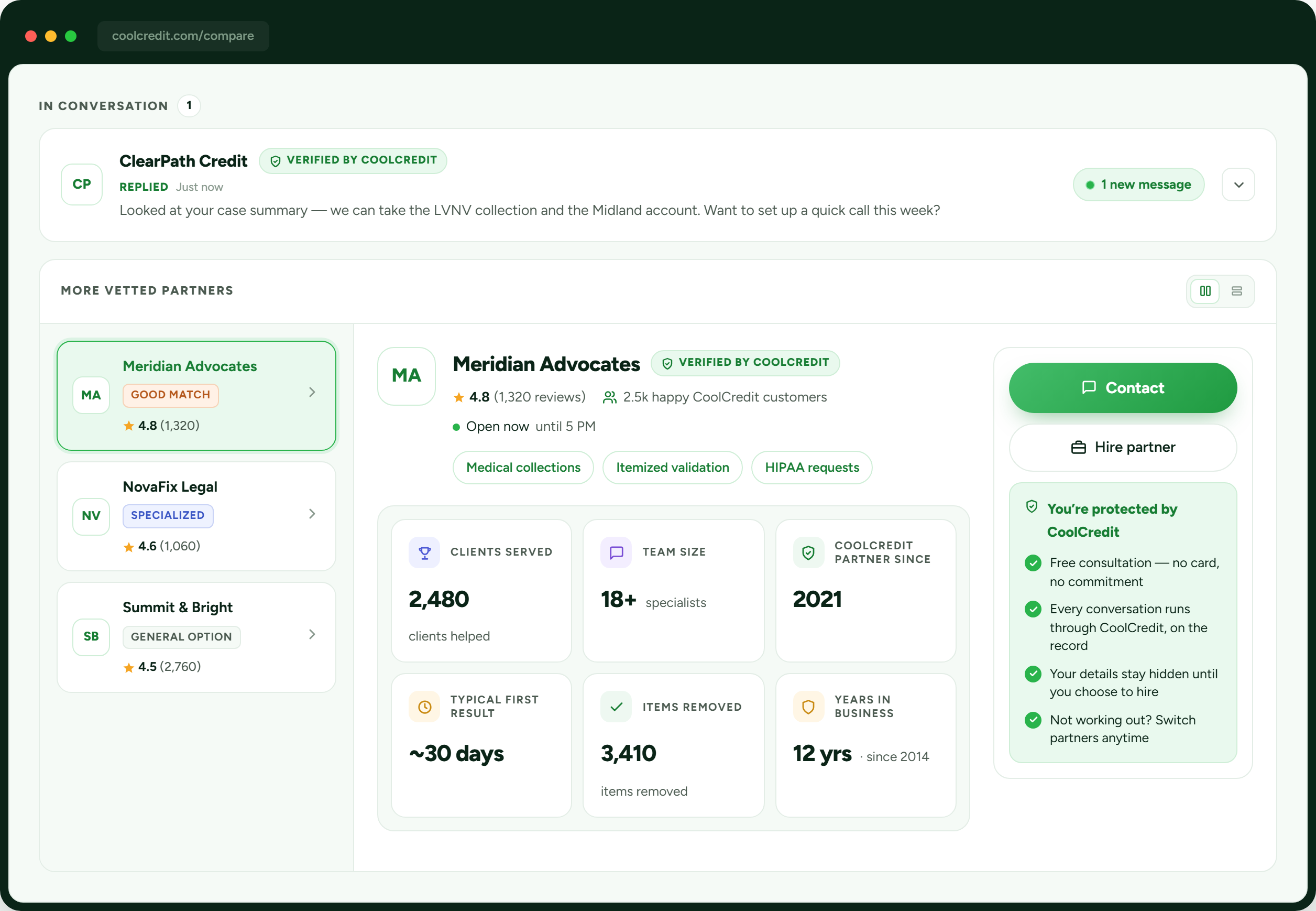 Screenshot of a CoolCredit compare dashboard showing partner cards, a left column of partner tiles, and a right side contact panel with a green gradient button. The top shows a conversation thread between ClearPath Credit and the user.