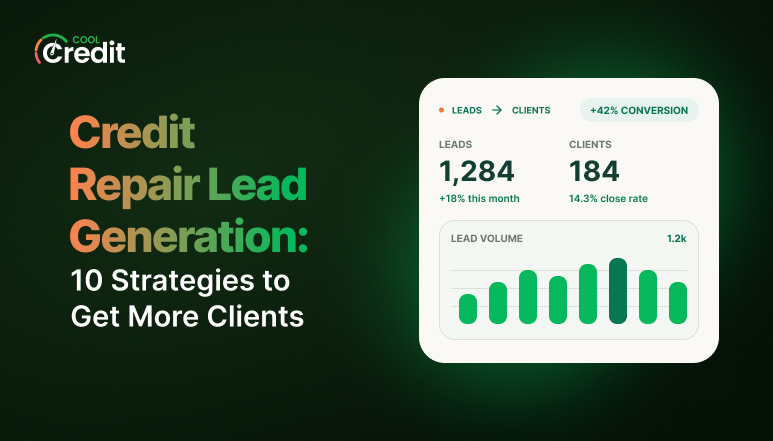 Hero image for a credit repair article: bold headline on the left and a white dashboard card with leads and a bar chart on a dark green background.