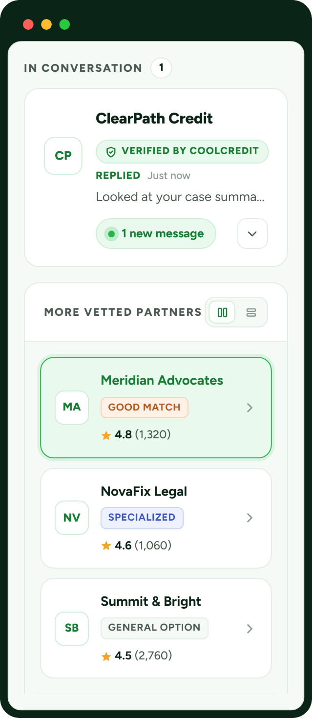 Mobile app screen titled 'In Conversation' showing a message card for ClearPath Credit with a 'Verified by CoolCredit' badge and a '1 new message' indicator, plus a 'More Vetied Partners' section listing three partner cards (Meridian Advocates — GOOD MATCH, rating 4.8; NovaFix Legal — SPECIALIZED, 4.6; Summit & Bright — GENERAL OPTION, 4.5) in pale green rounded cards.